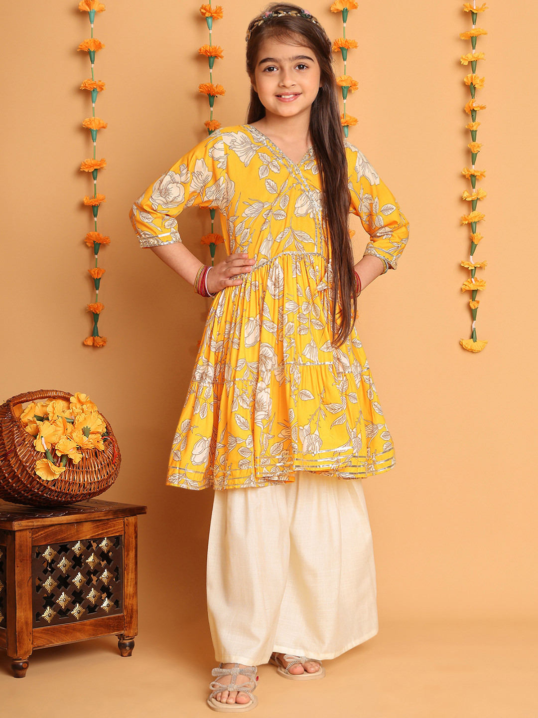

BAESD Girls Floral Printed V-Neck Angrakha Pure Cotton Anarkali Kurta With Sharara, Yellow