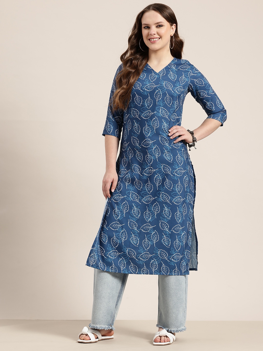 

HERE&NOW Leaf Print A-Line Kurta, Navy blue