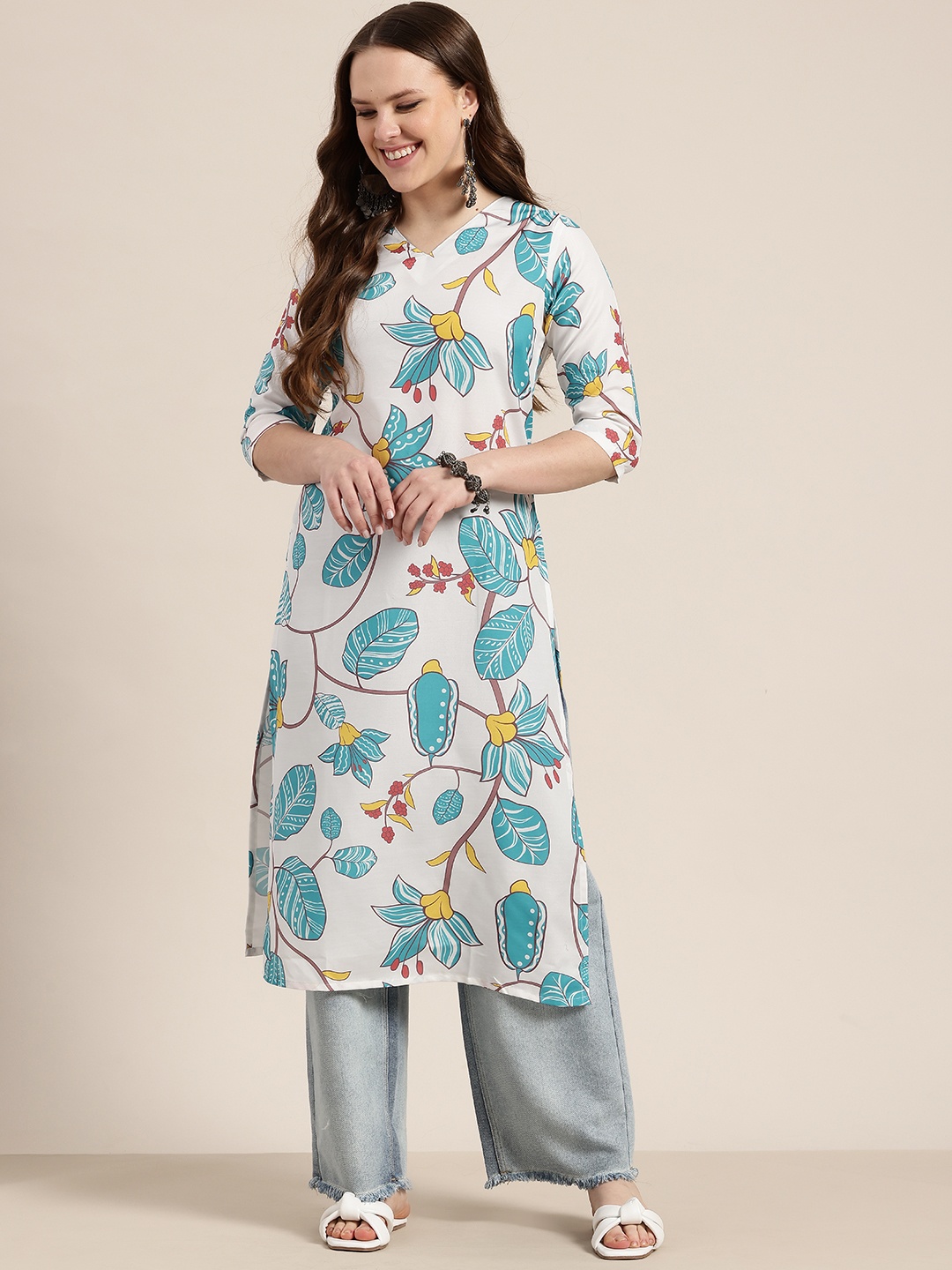 

HERE&NOW Floral Print A-Line Kurta, White