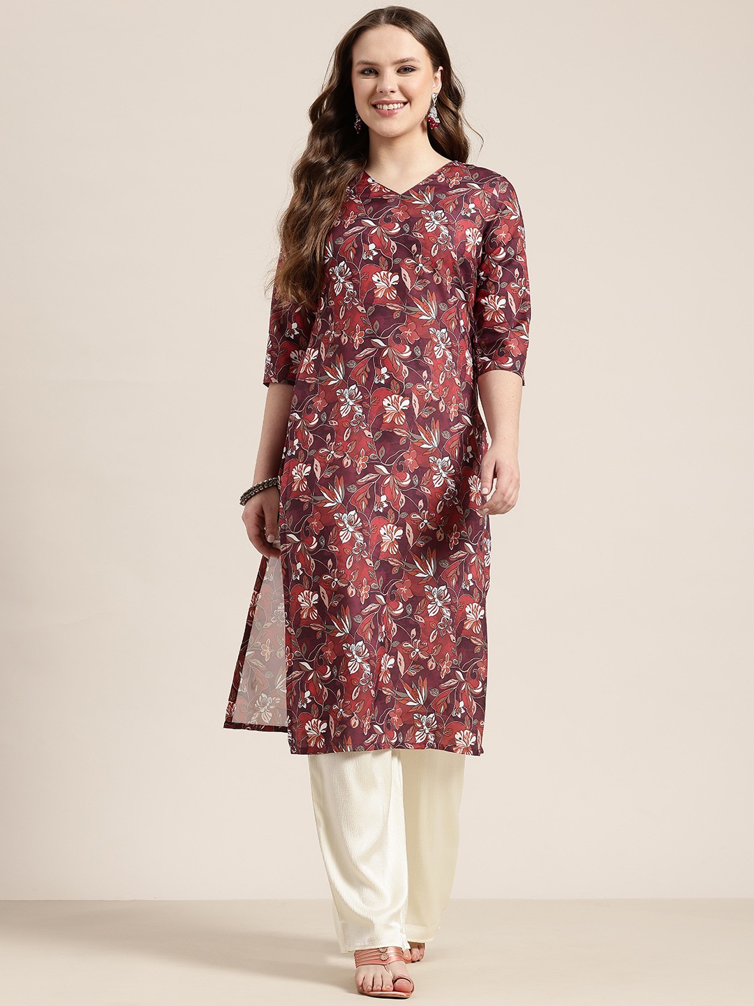 

HERE&NOW Floral Print A-Line Kurta, Brown
