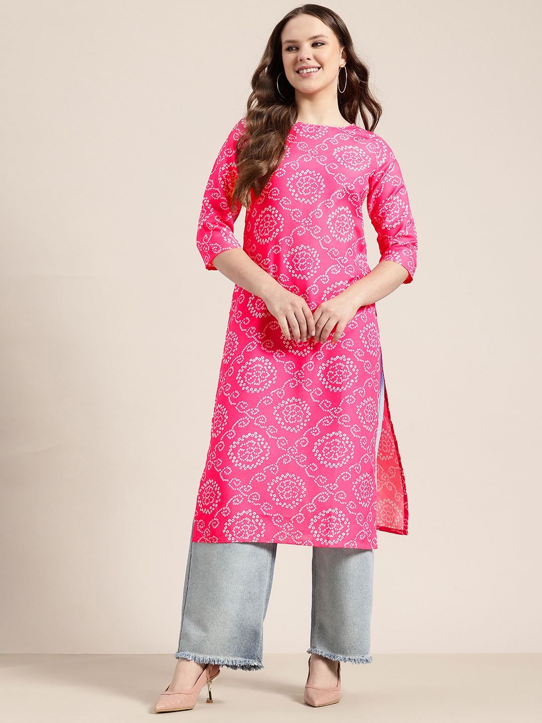 

HERE&NOW Bandhani Print A-Line Kurta, Pink