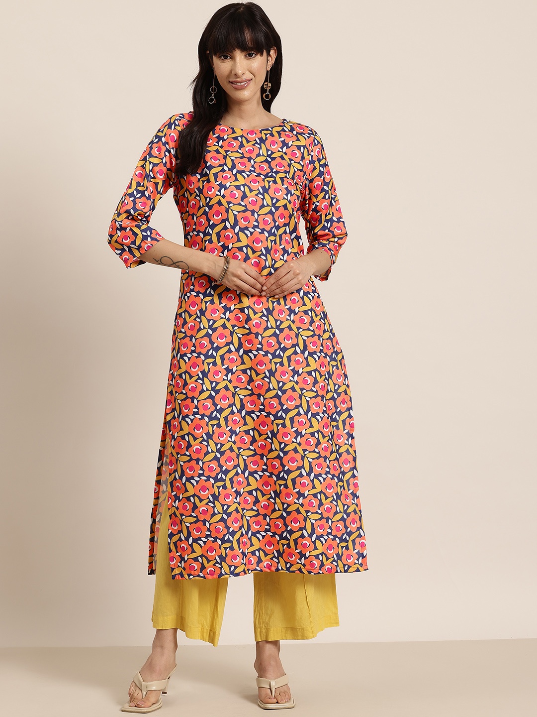 

HERE&NOW Floral Printed Kurta, Navy blue
