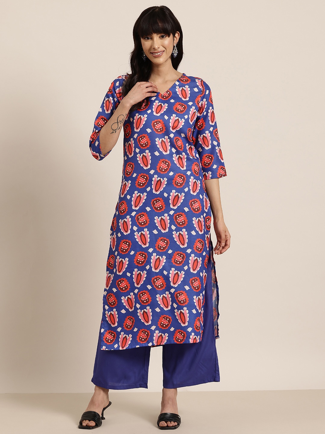 

HERE&NOW Floral Print A-Line Kurta, Blue