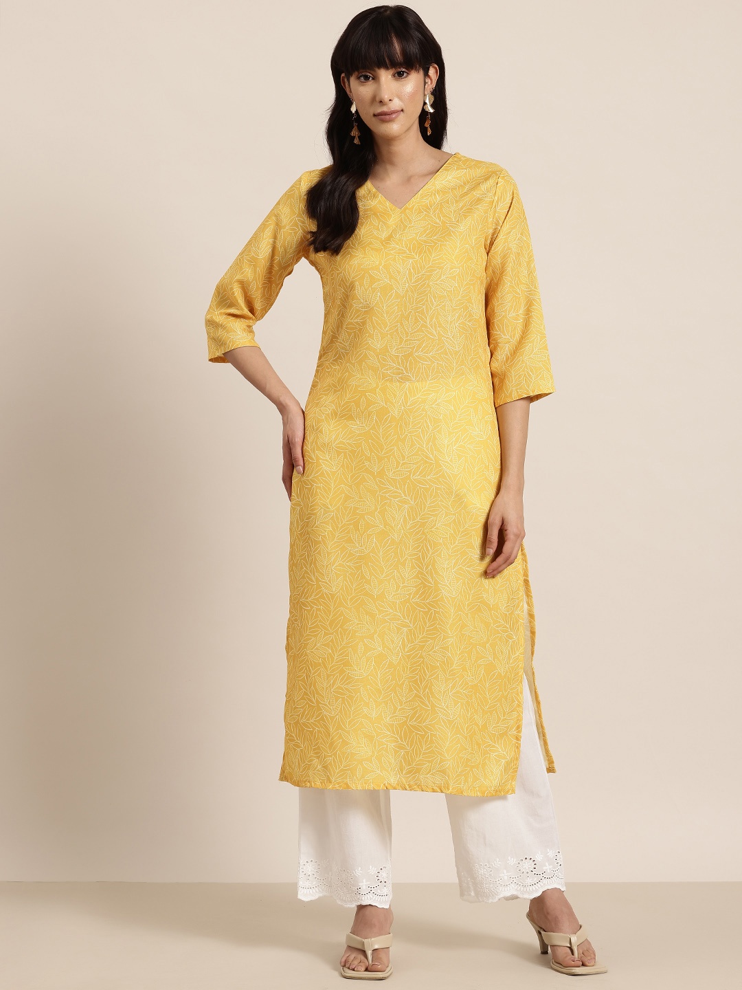 

HERE&NOW Leaf Print A-Line Kurta, Yellow