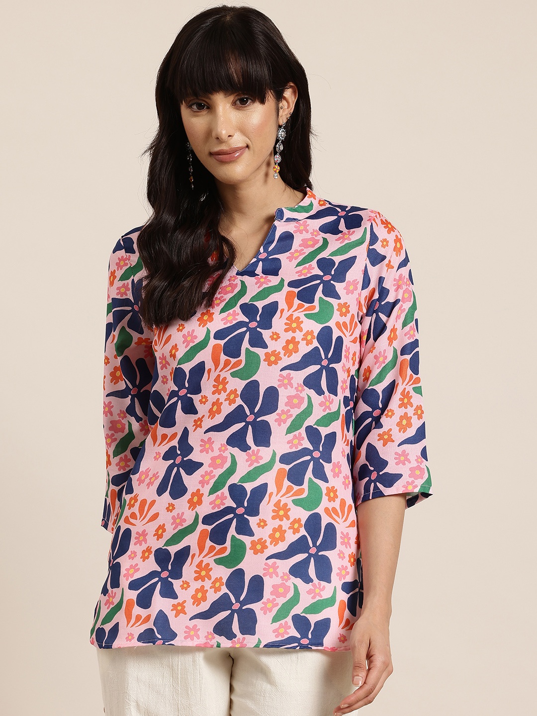 

HERE&NOW Floral Print Mandarin Collar Kurti, Pink