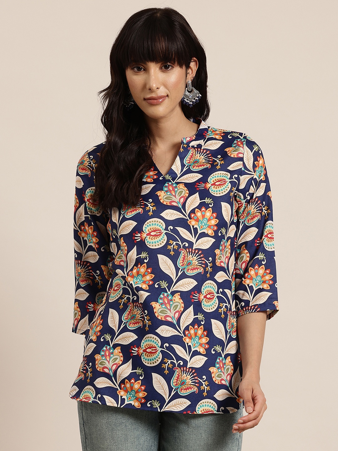 

HERE&NOW Floral Print Mandarin Collar Kurti, Navy blue