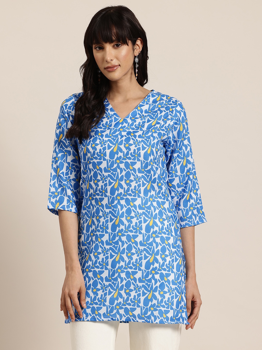 

HERE&NOW Floral Print V-Neck Kurti, Blue