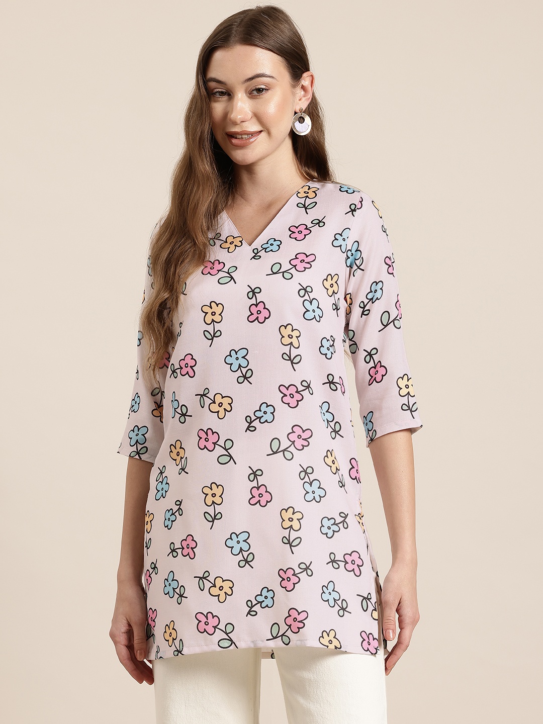 

HERE&NOW Floral Print V-Neck Kurti, Beige