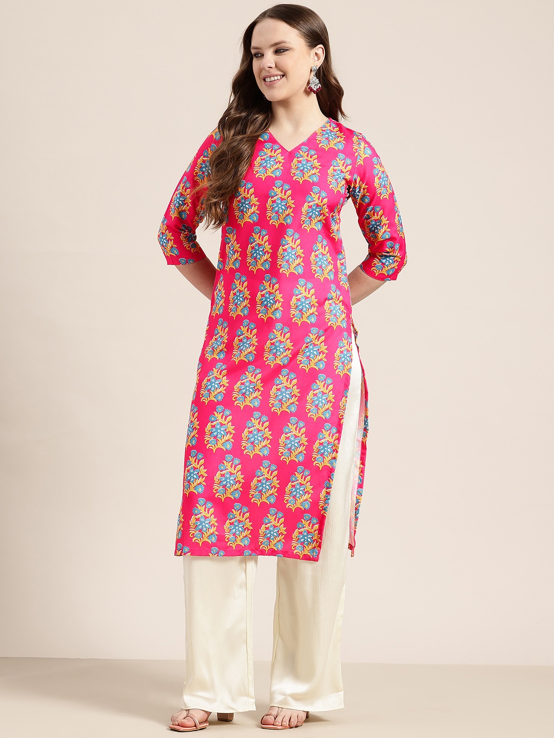 

HERE&NOW Printed Straight Kurta, Fuchsia