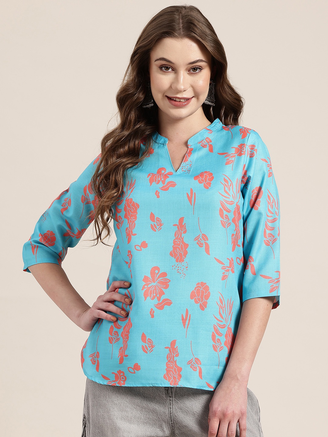 

HERE&NOW Floral Print A-Line Kurti, Blue
