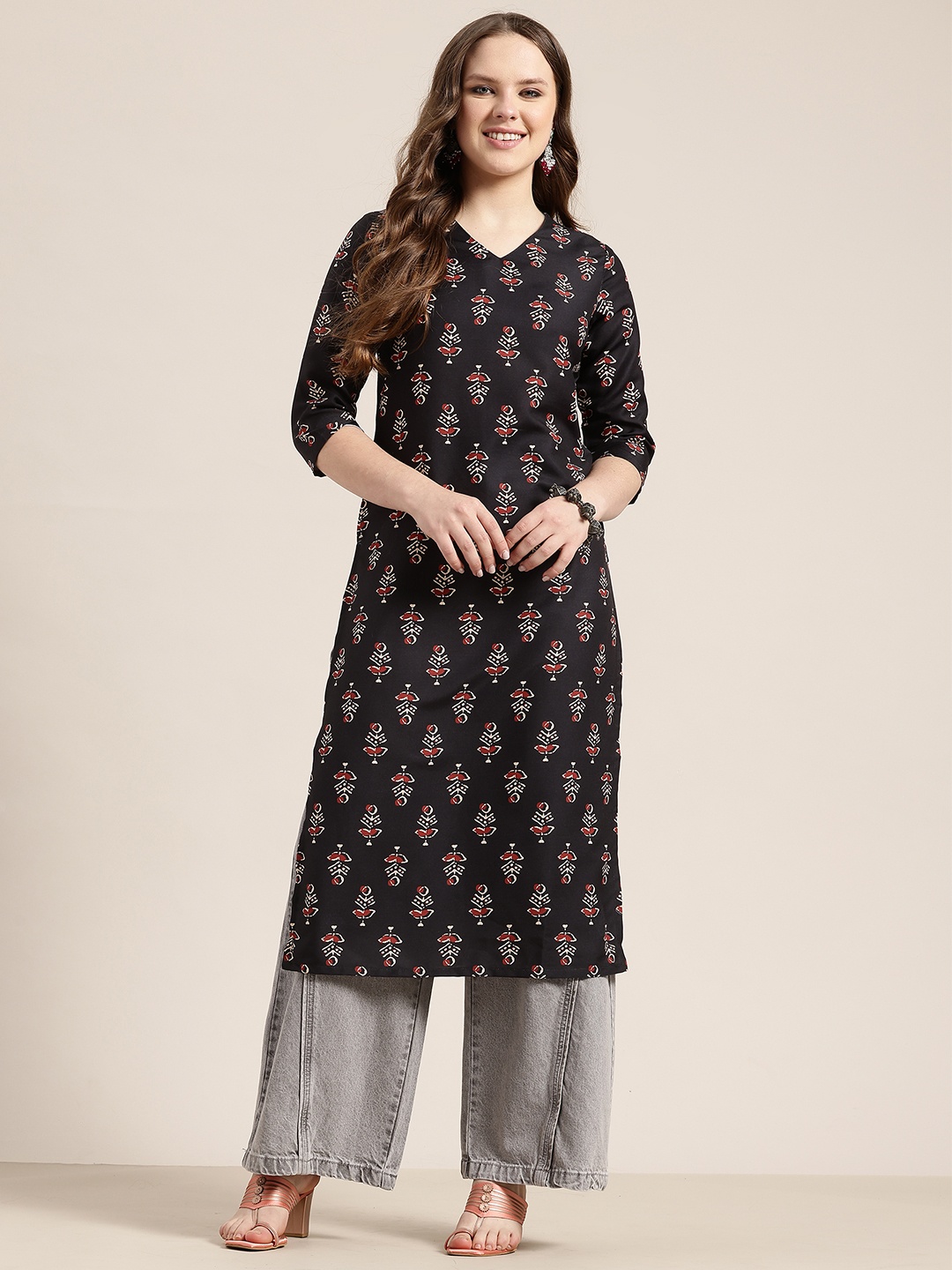 

HERE&NOW Printed Straight Kurta, Black