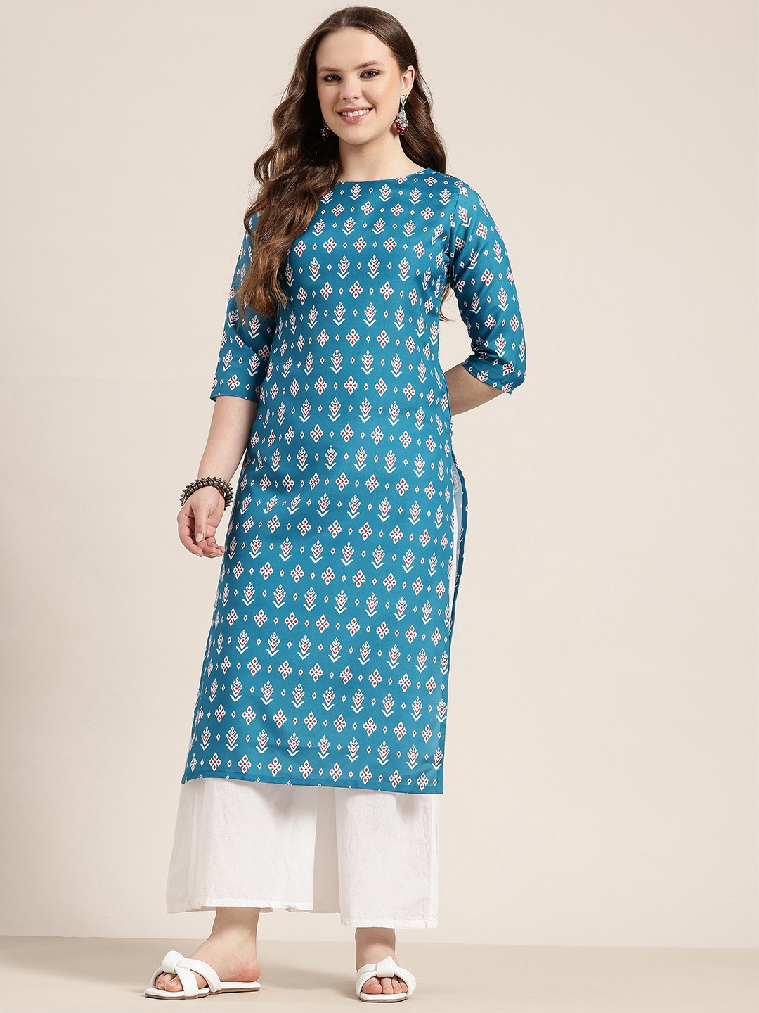 

HERE&NOW Printed Straight Kurta, Teal