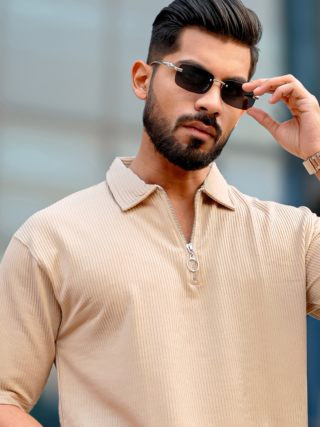 

Maniac Men Solid Polo Collar Cotton Oversized T-shirt, Beige