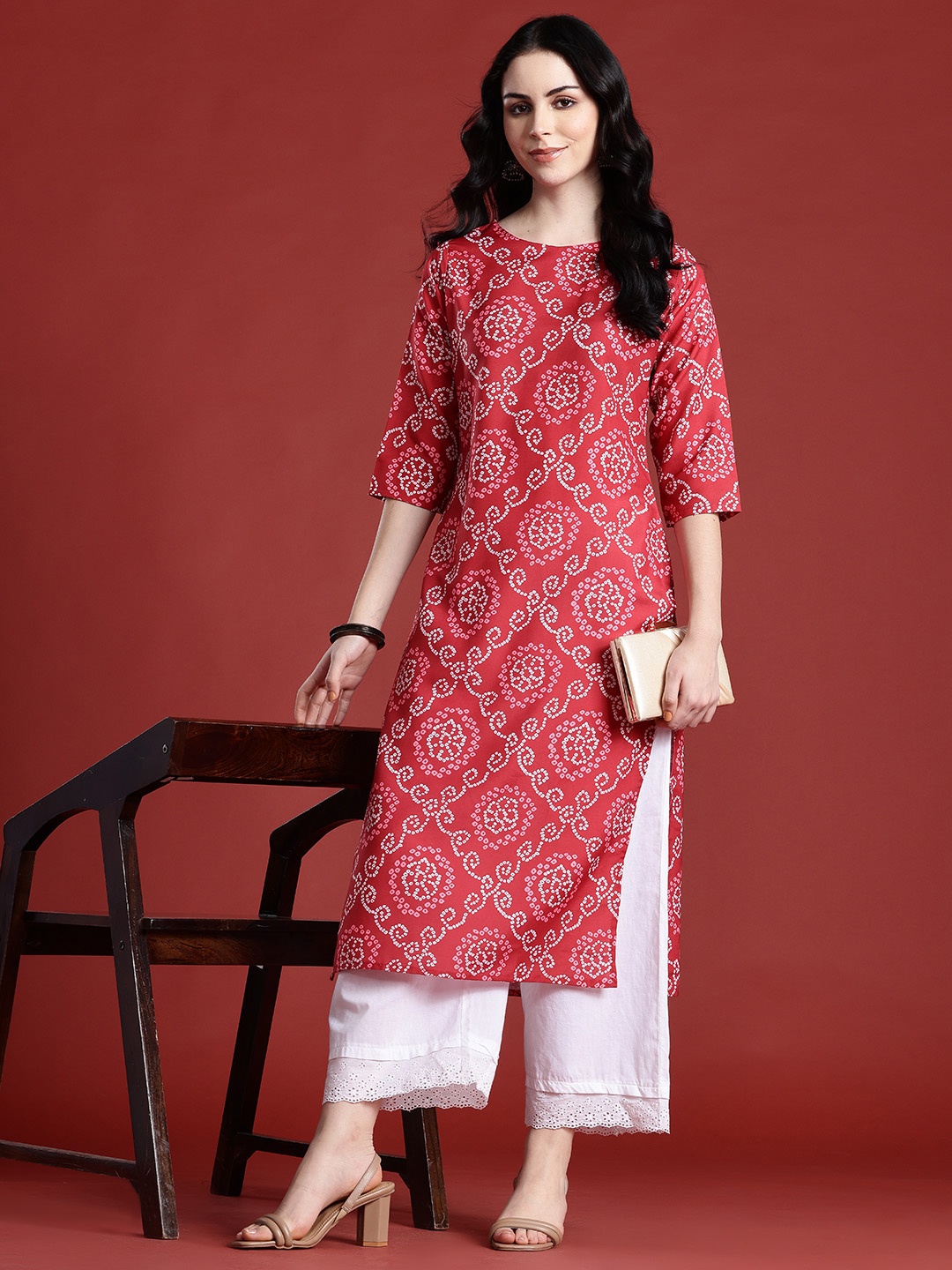 

Anouk Bandhani Printed Boat Neck Straight Kurta, Red