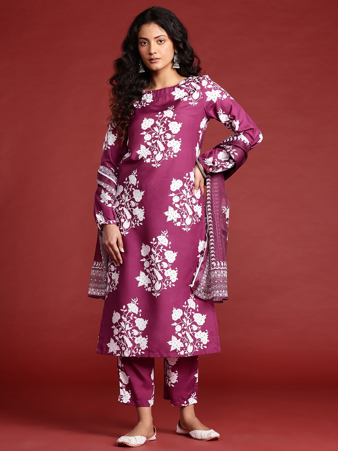 

Anouk Floral Printed Regular Kurta With Trousers & With Dupatta, Purple