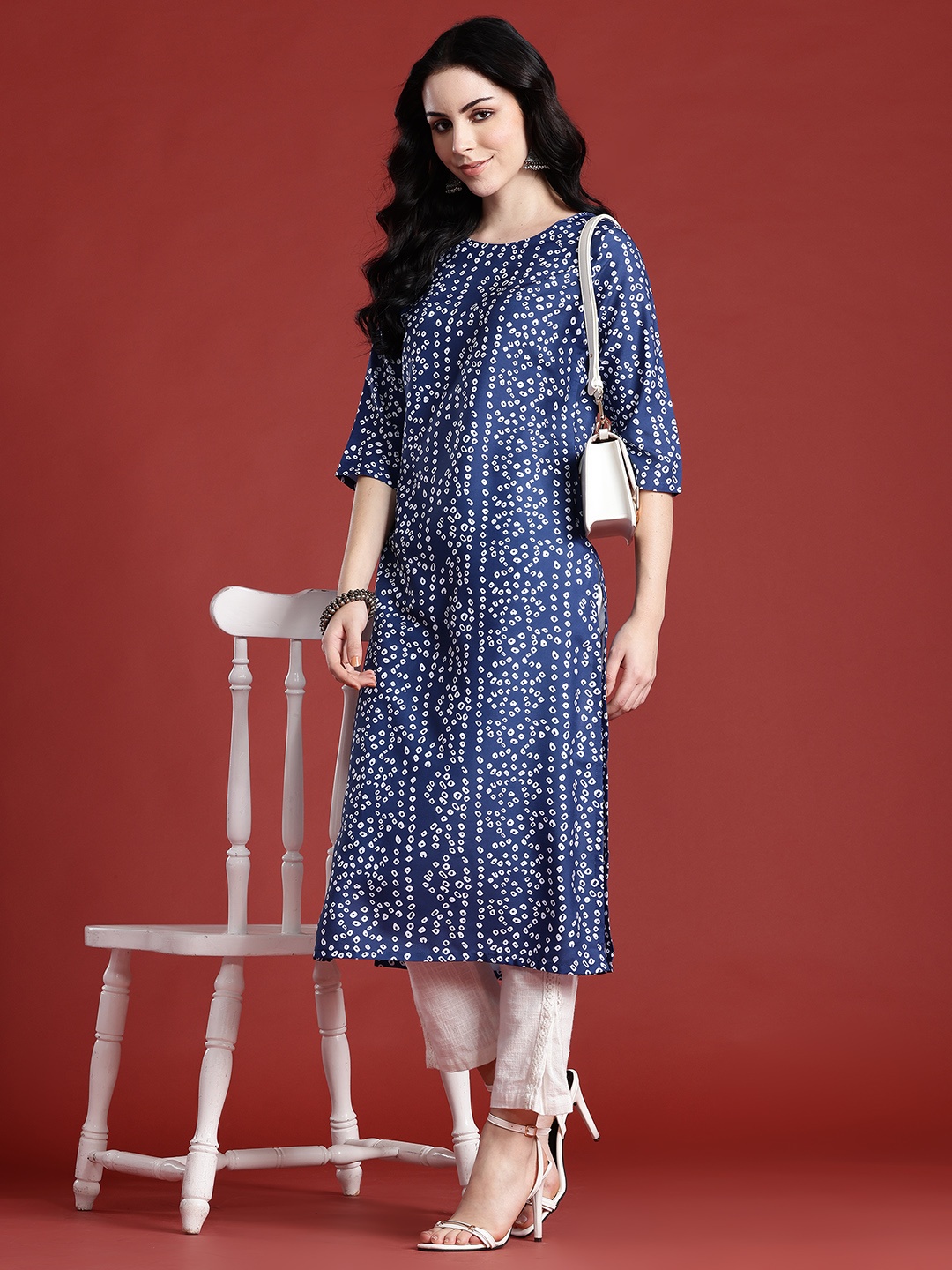 

Anouk Bandhani Printed Boat Neck Straight Kurta, Navy blue