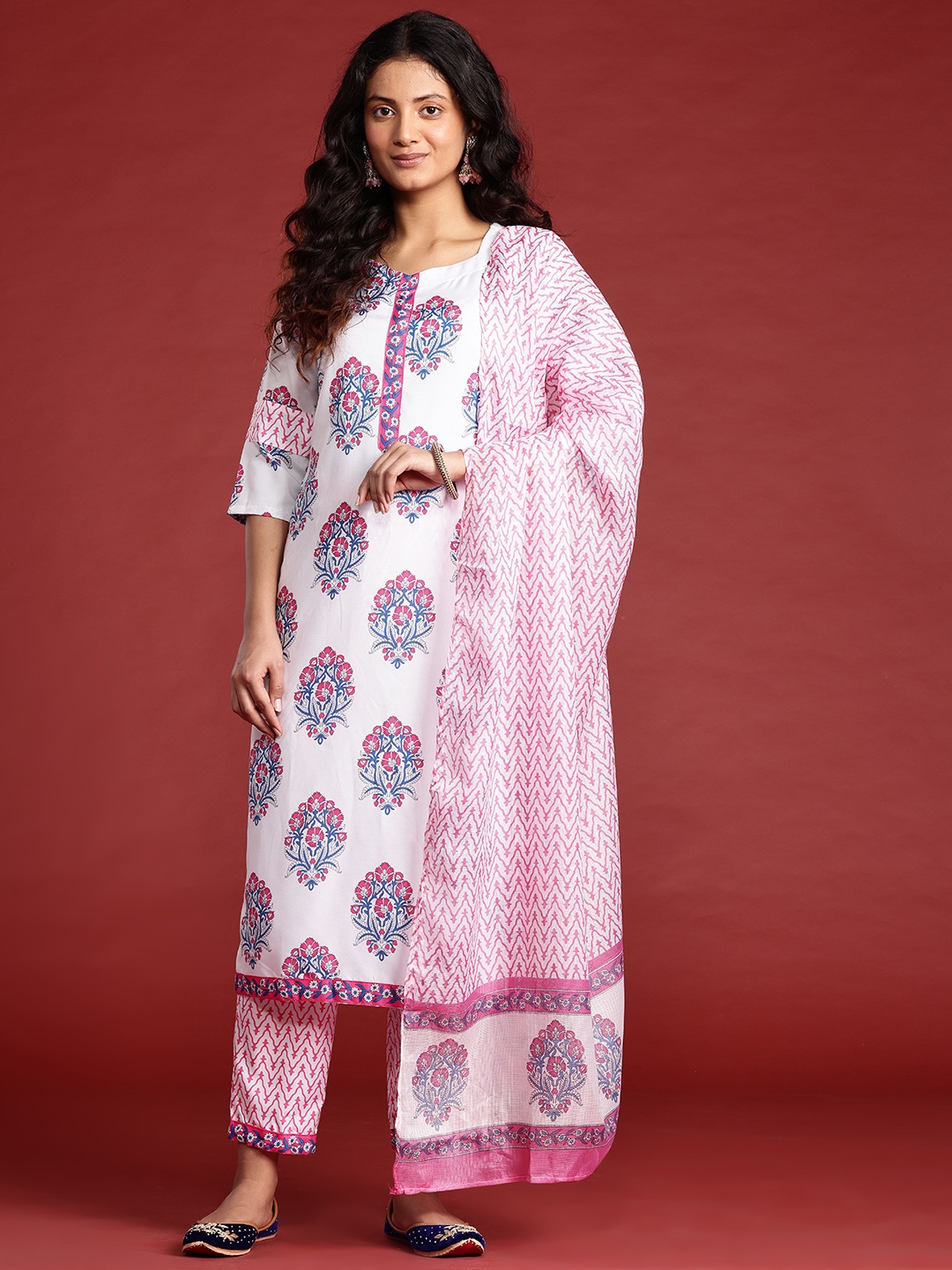 

Anouk Floral Printed Regular Kurta With Trousers & With Dupatta, White