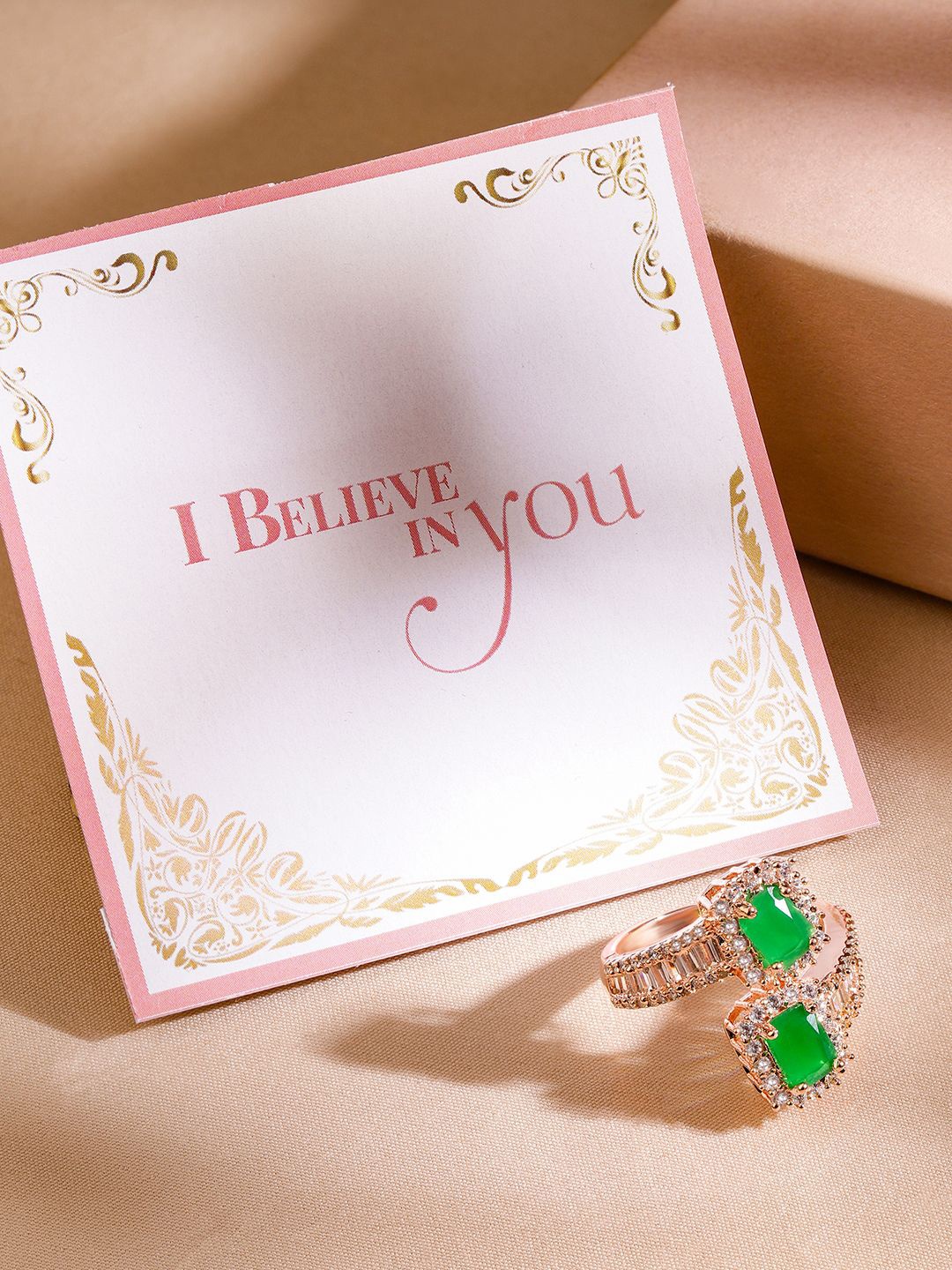 

Rubans Valentine's 18K Rose Gold-Plated Emerald Green & Cubic Zirconia Adjustable Ring
