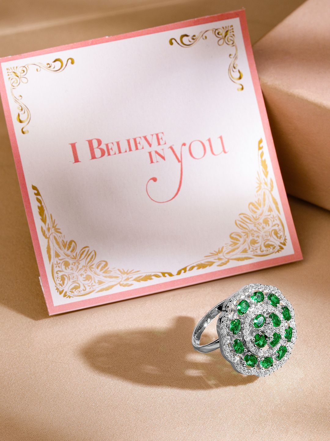 

Rubans Valentine's Rhodium-Plated & CZ-Studded Adjustable Finger Ring, Silver