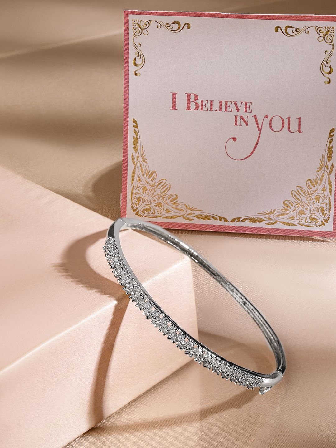 

Rubans Valentine's Rhodium Plated Cubic Zirconia Bangle Style Bracelet, Silver