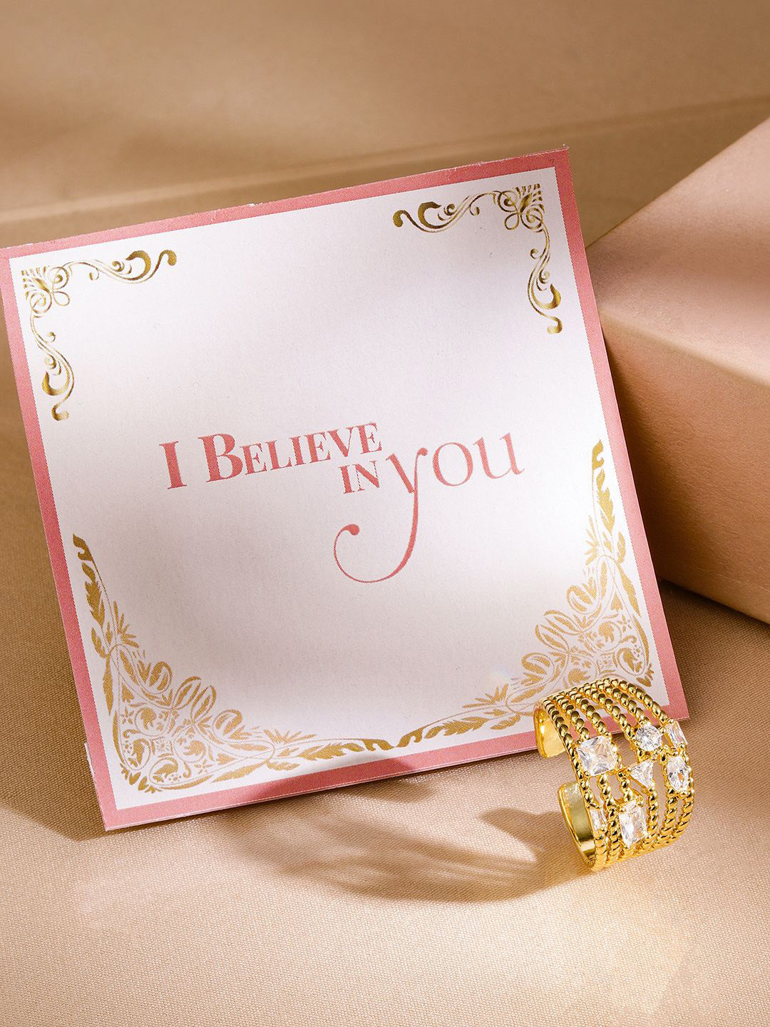 

Rubans Valentine's 18K Gold Plated Multi-Layered Cubic Zirconia Adjustable Finger Ring