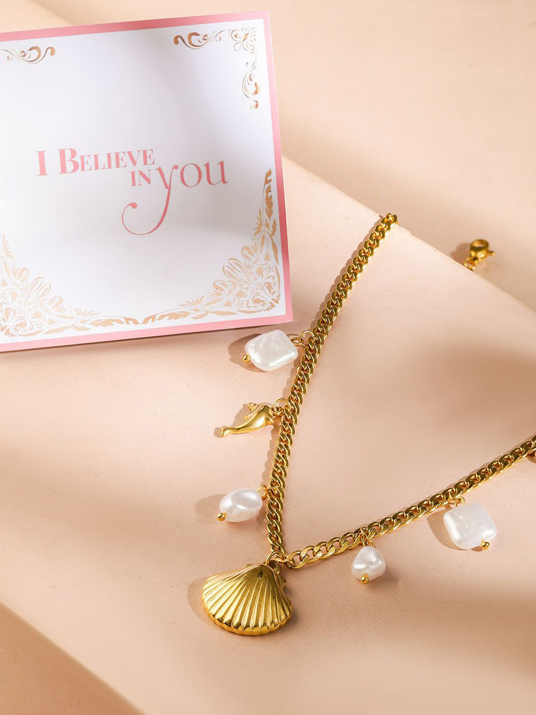 

Rubans Valentine's 18K Gold Plated Stainless Steel Tarnish Free Shell & Charm Necklace