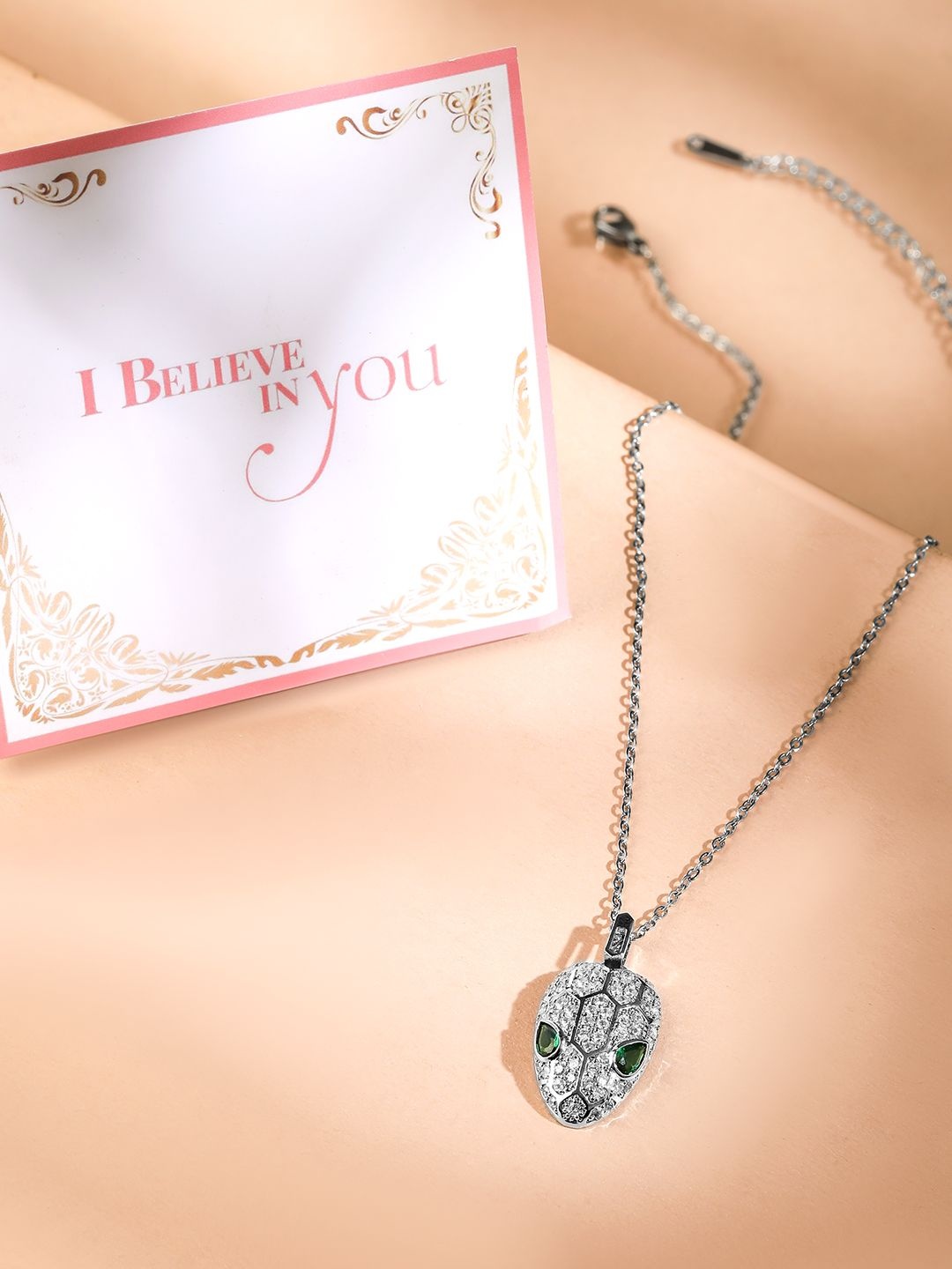 

Rubans Valentine's Rhodium Plated Stainless Steel Tarnish-Free Emerald & CZ Necklace, Silver