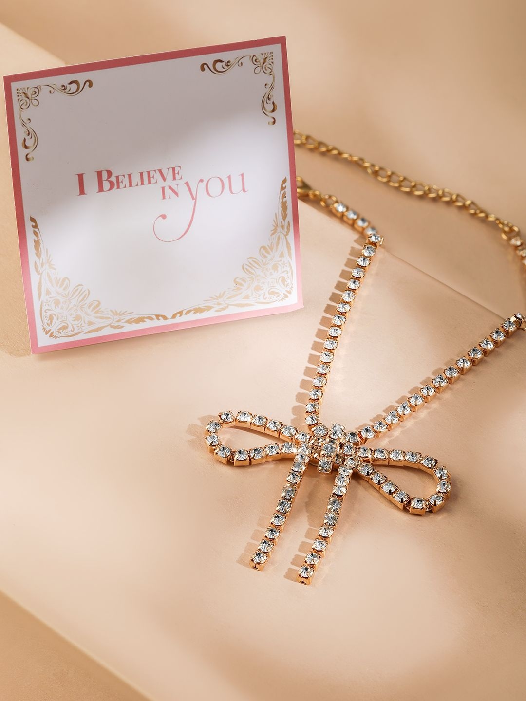 

Rubans Valentine's 18K Gold Plated Cubic Zirconia Statement Bow Necklace