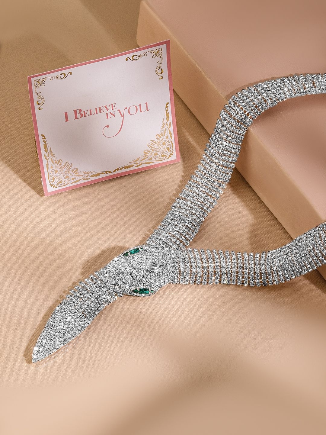 

Rubans Valentine's Silver-Plated Emerald & Sparkling Zirconia Serpent-Style Necklace