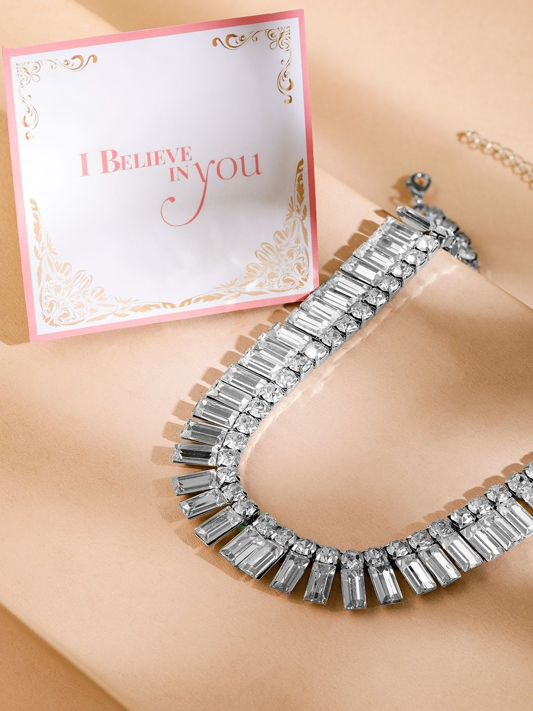 

Rubans Valentine's Rhodium Plated AD & Cubic Zirconia Studded Baguette Necklace, Silver