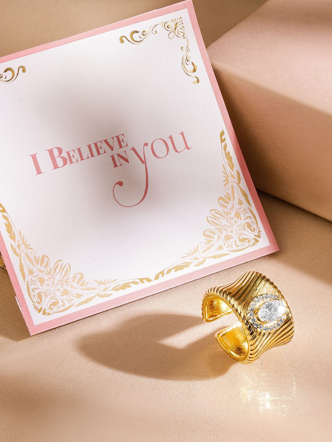 

Rubans Valentine's 18K Gold Plated Oval Cubic Zirconia Studded Adjustable Statement Ring