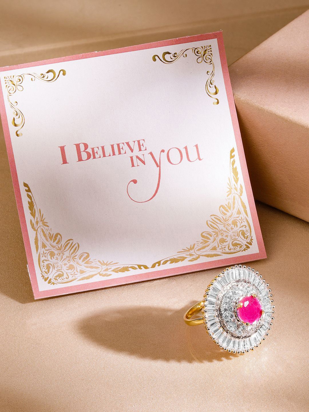 

Rubans Valentine's Gold-Plated Red CZ-Studded Hand-Painted Statement Finger Ring