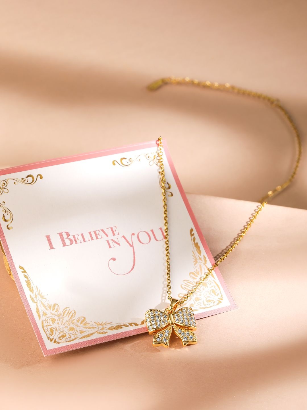 

Rubans Valentine's 18K Gold Plated Stainless Steel Tarnish Free CZ Studded Bow Necklace