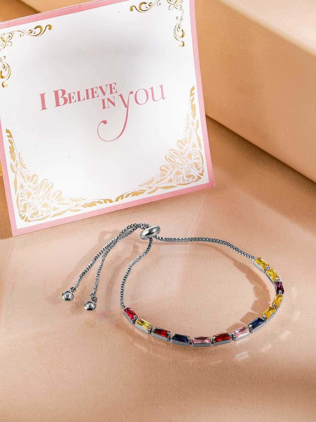 

Rubans Valentine's Silver-Plated Multi Color Stone Studded Handcrafted Bracelet