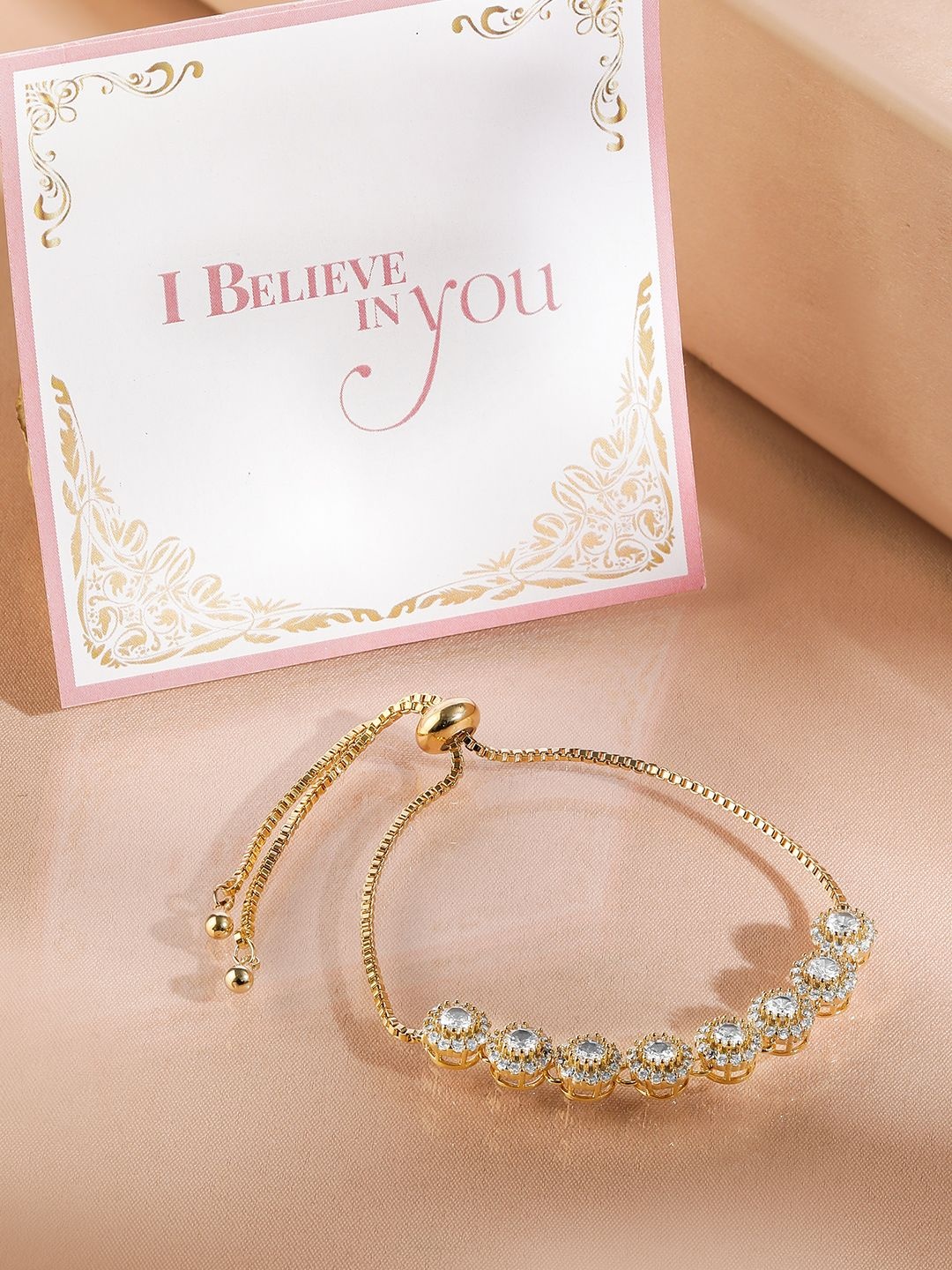 

Rubans Valentine's 18K Gold Plated Cubic Zirconia Bracelet with Round Charm Accents