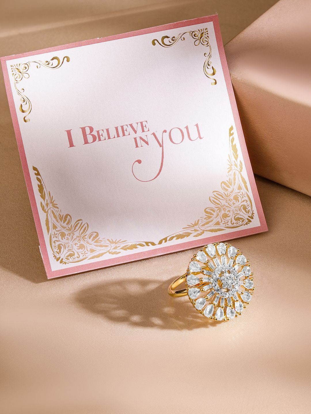 

Rubans Valentine's Gold-Plated & White CZ Stone-Studded Statement Adjustable Finger Ring