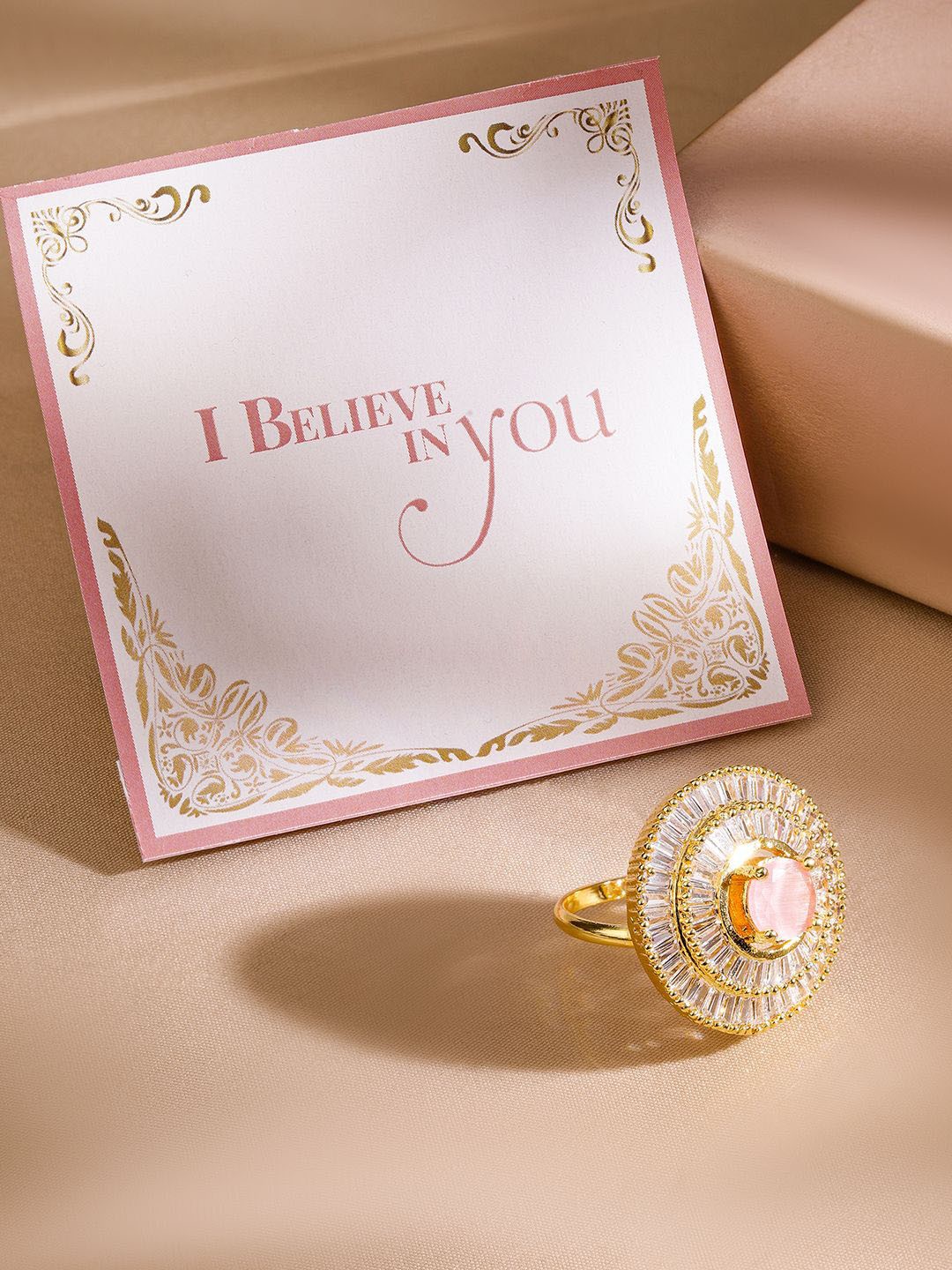 

Rubans Valentine's 18K Gold-Plated Pink Sapphire & Cubic Zirconia- Adjustable Finger Ring