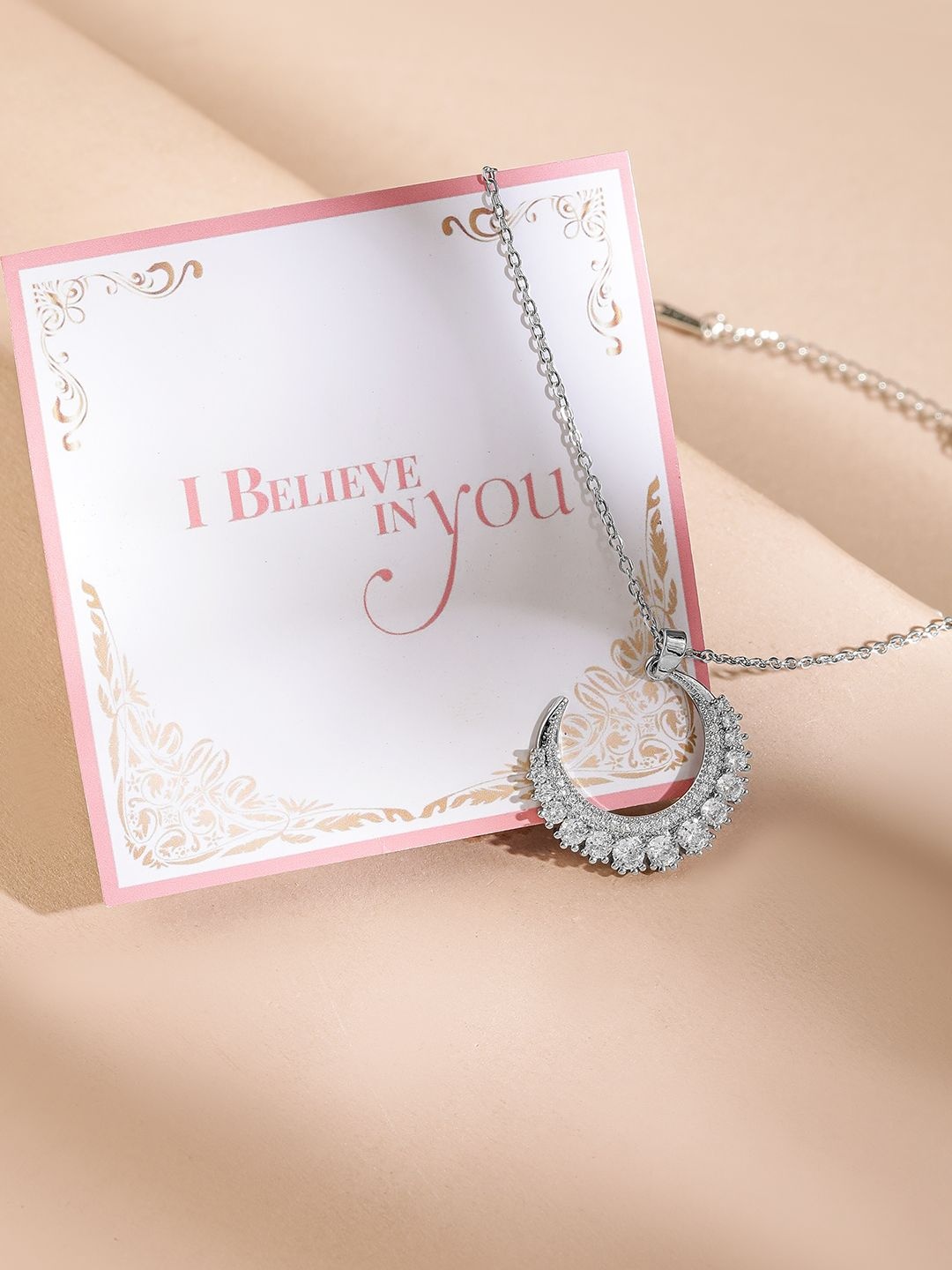 

Rubans Valentine's Rhodium Plated Stainless Steel Tarnish Free Zirconia Half Moon Necklace, Silver
