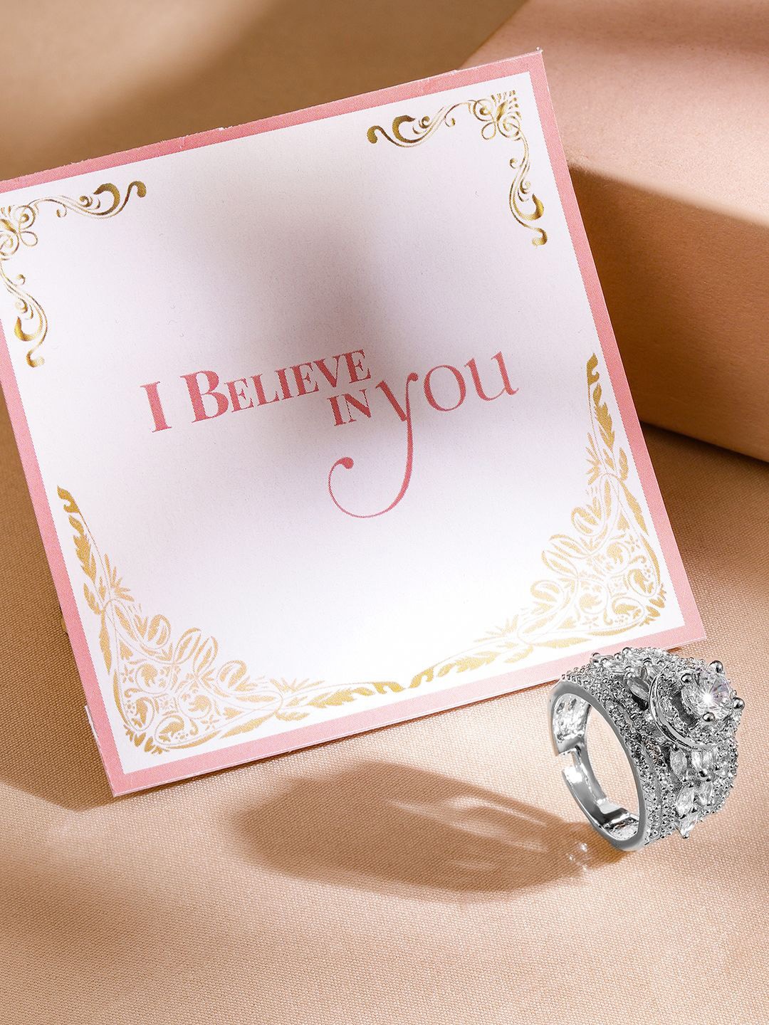 

Rubans Valentine's Rhodium-Plated & CZ-Studded Adjustable Finger Ring, Silver