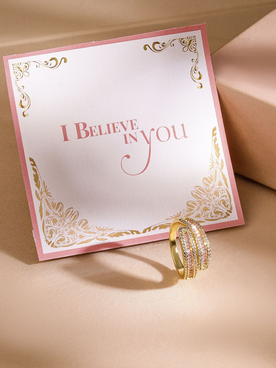 

Rubans Valentine's 22K Gold Plated Pink AD & Cubic Zirconia Studded Adjustable Finger Ring