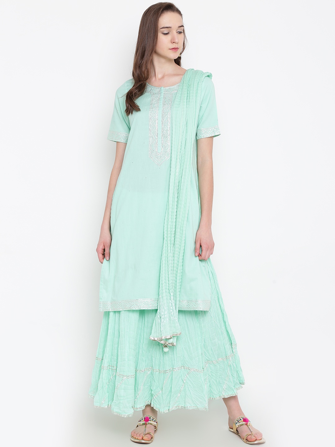 

Biba Women Sea Green Solid Kurta with Skirt & Dupatta