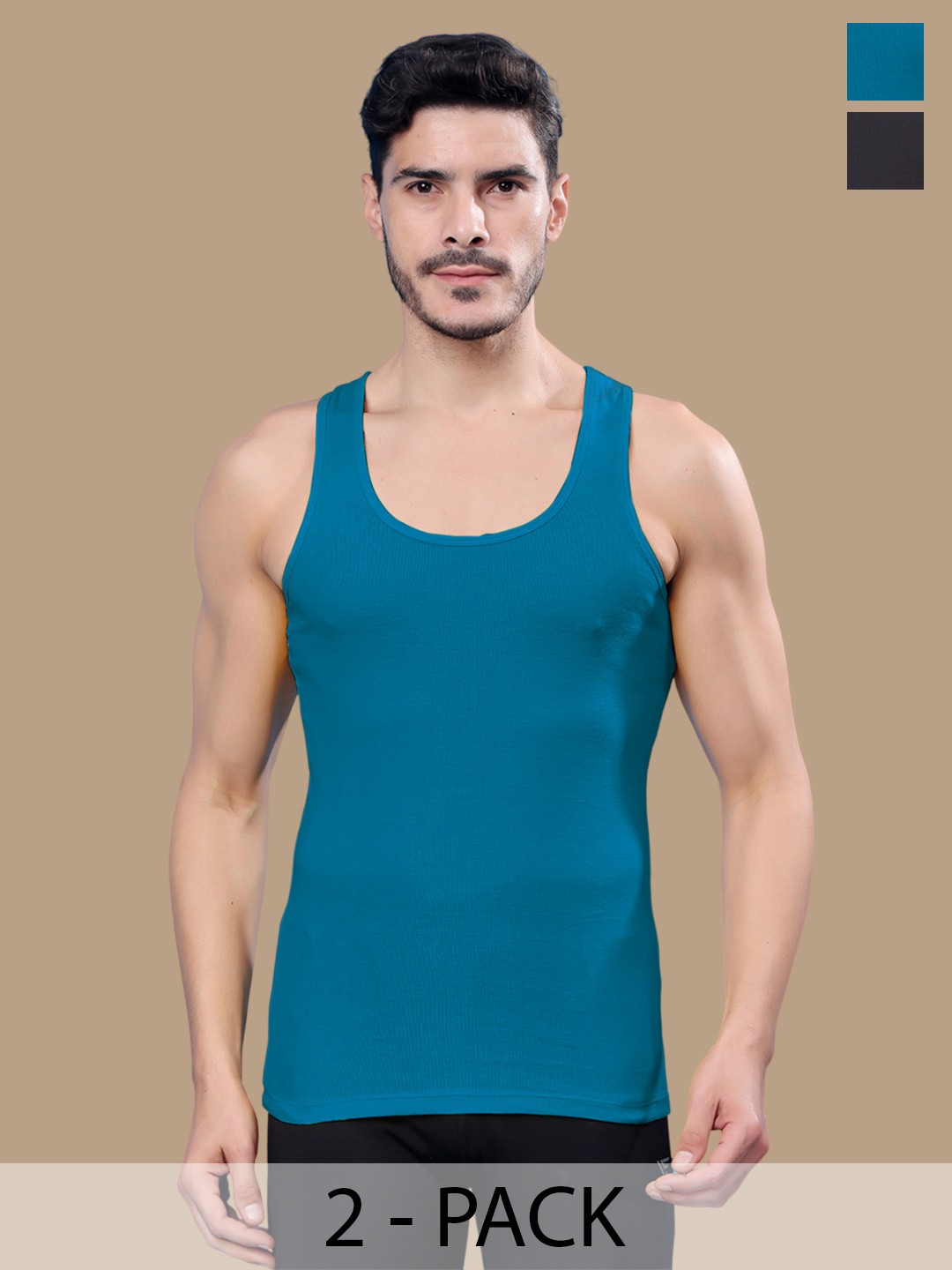 

Friskers Men Pack Of 2 Cotton Ribbed Gym Vest, Navy blue