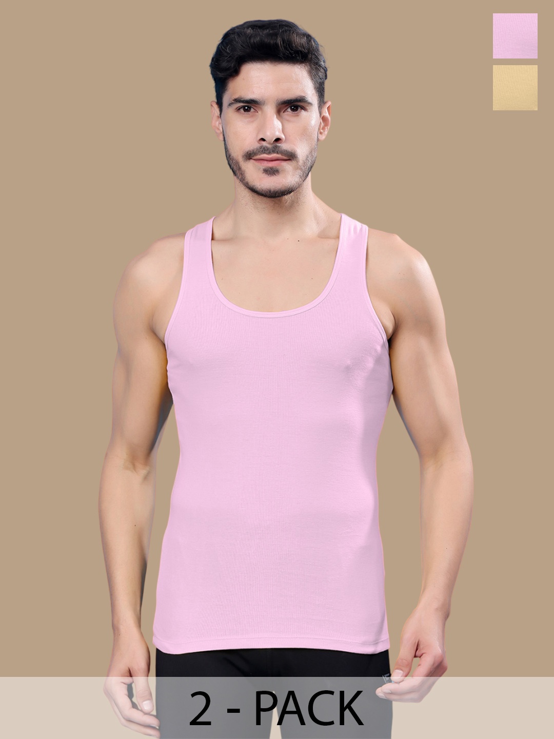 

Friskers Pack Of 2 Cotton Ribbed Gym Vest, Beige