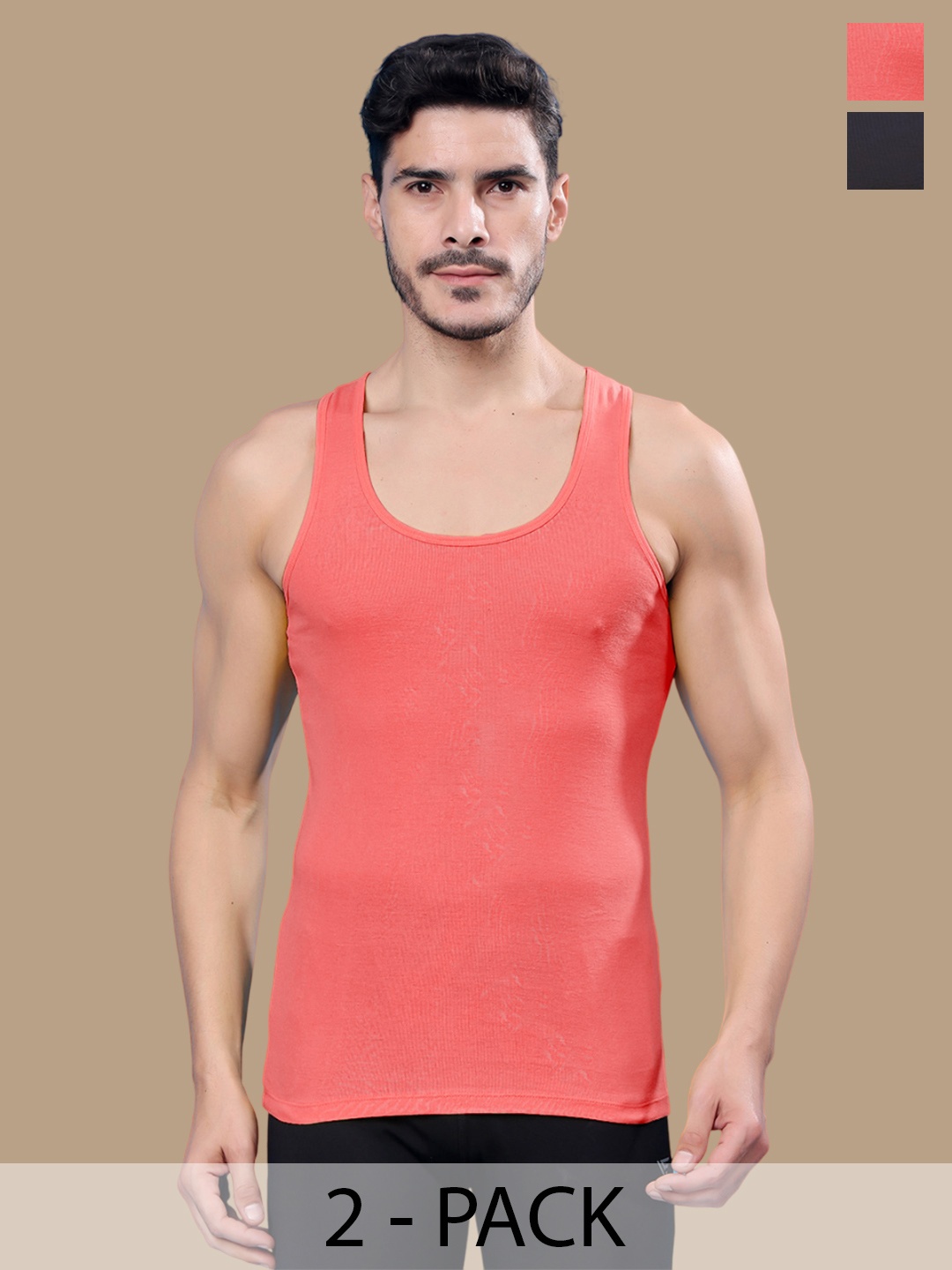 

Friskers Men Pack Of 2 Cotton Ribbed Gym Vest, Peach