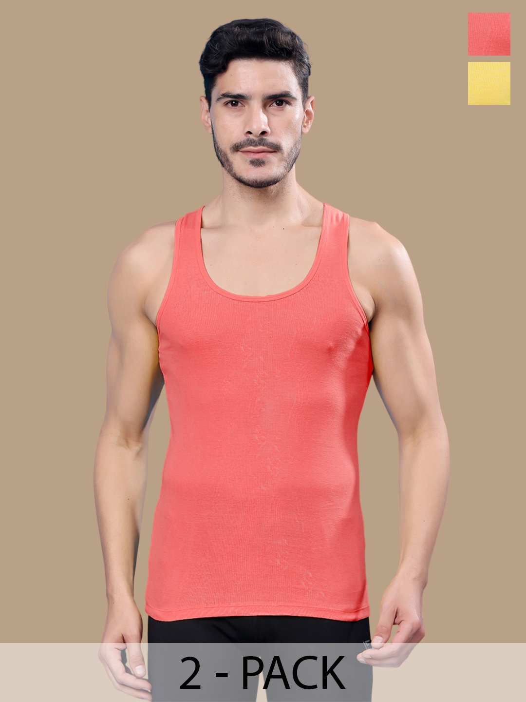 

Friskers Men Pack Of 2 Cotton Ribbed Gym Vest, Yellow
