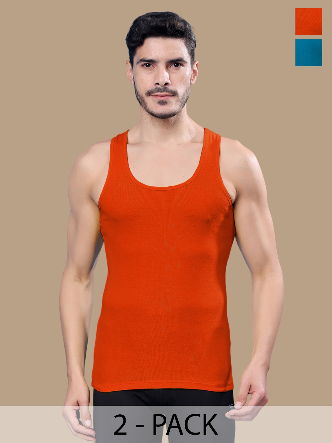 

Friskers Men Pack Of 2 Cotton Gym Vest, Orange