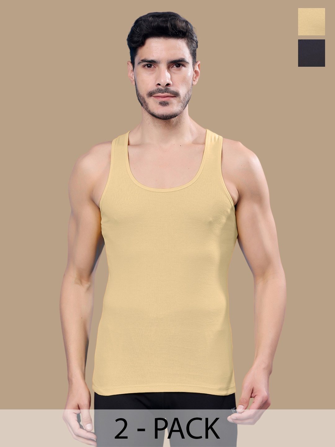 

Friskers Pack Of 2 Cotton Ribbed Gym Vest, Beige