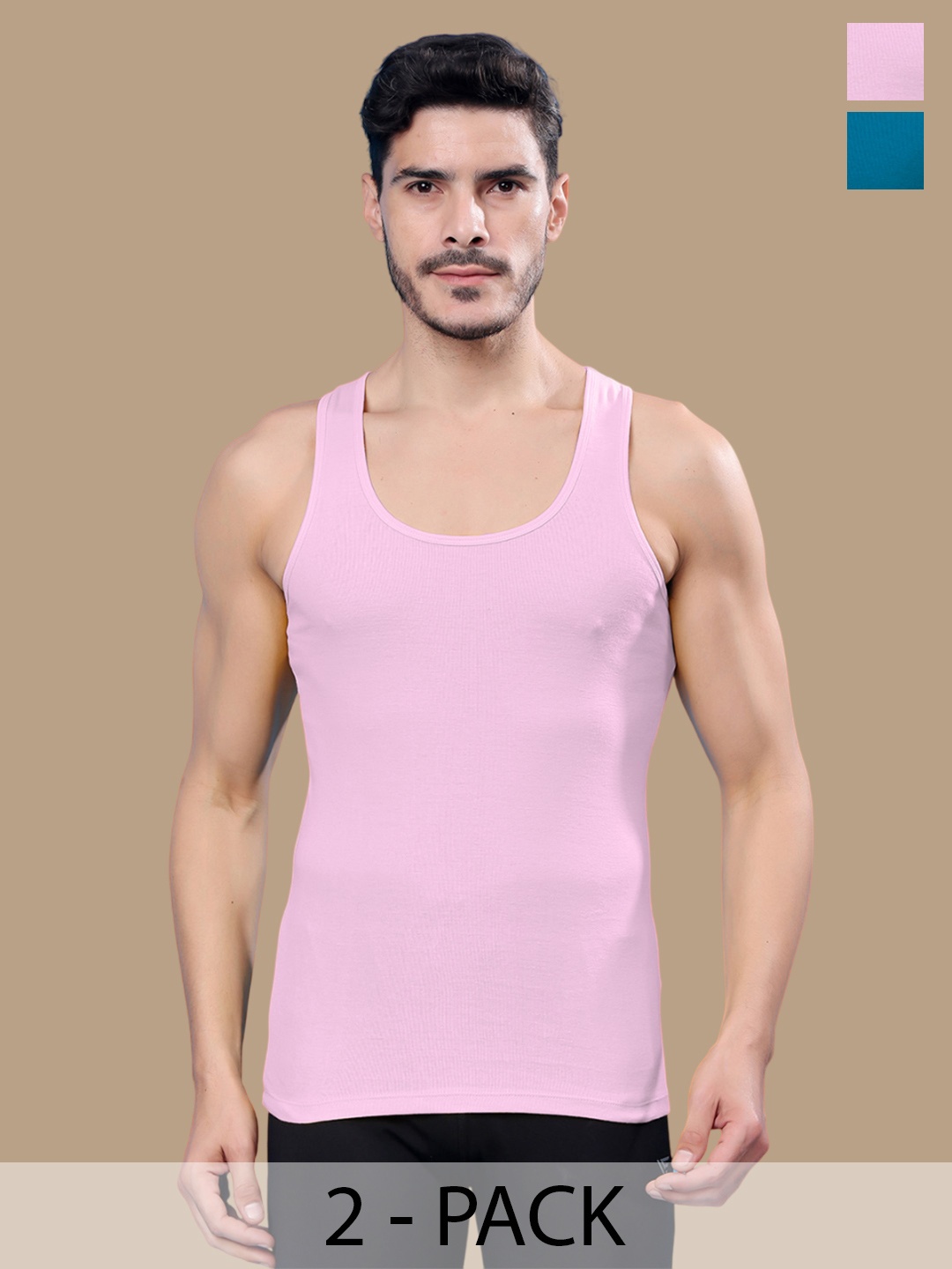 

Friskers Men Pack Of 2 Cotton Ribbed Gym Vest 24012025R-10-20, Pink