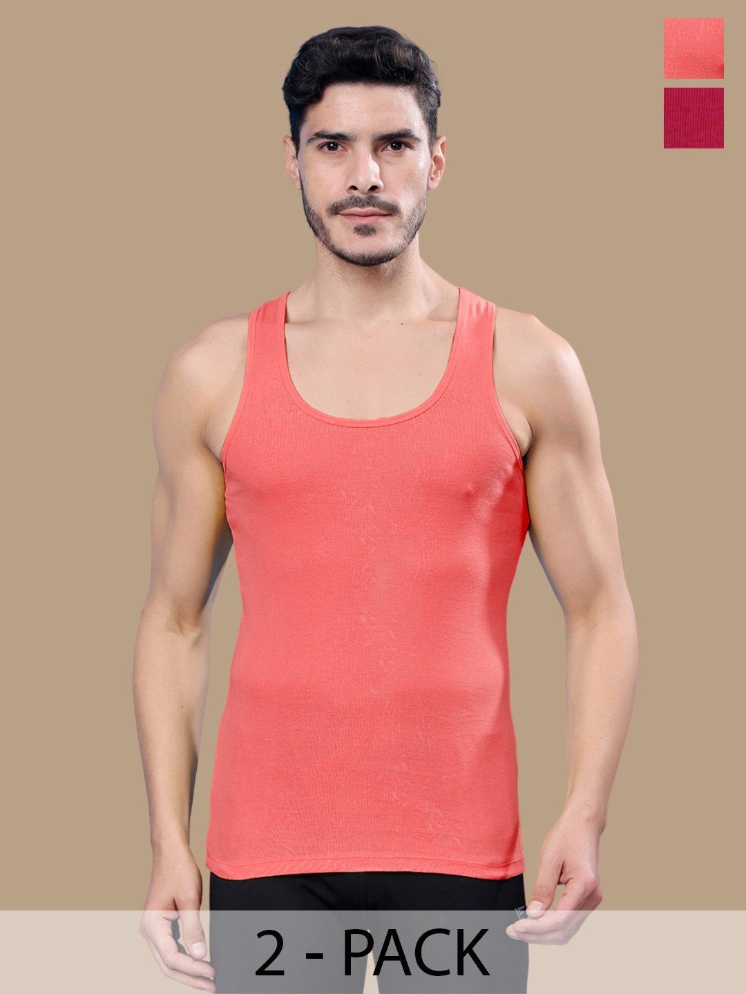 

Friskers Men Pack Of 2 Round Neck Cotton Gym Vest, Pink