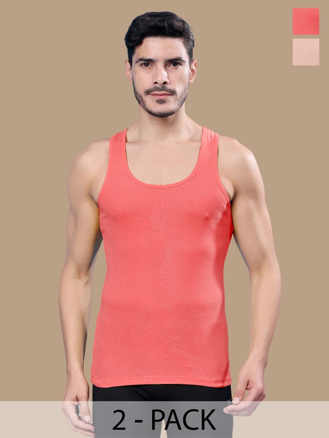 

Friskers Men Pack Of 2 Cotton Ribbed Gym Vest, Peach